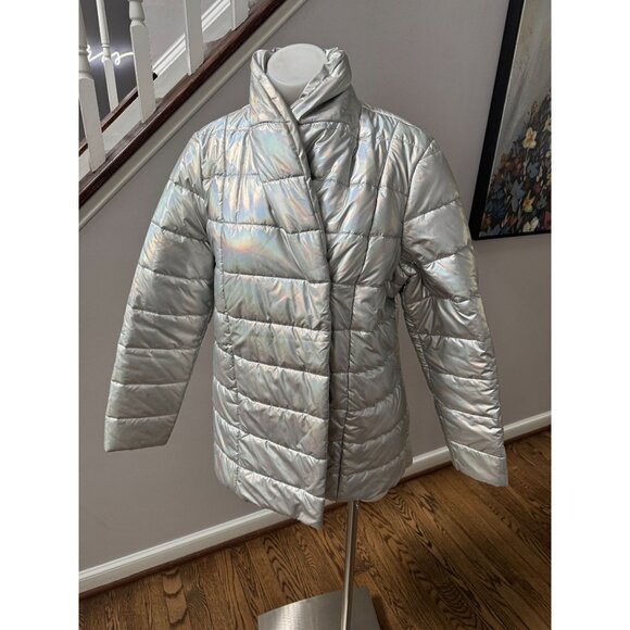 J. McLaughlin Holographic Silver Autumn Puffer Jacket Coat Metallic Size Medium - Picture 3 of 4